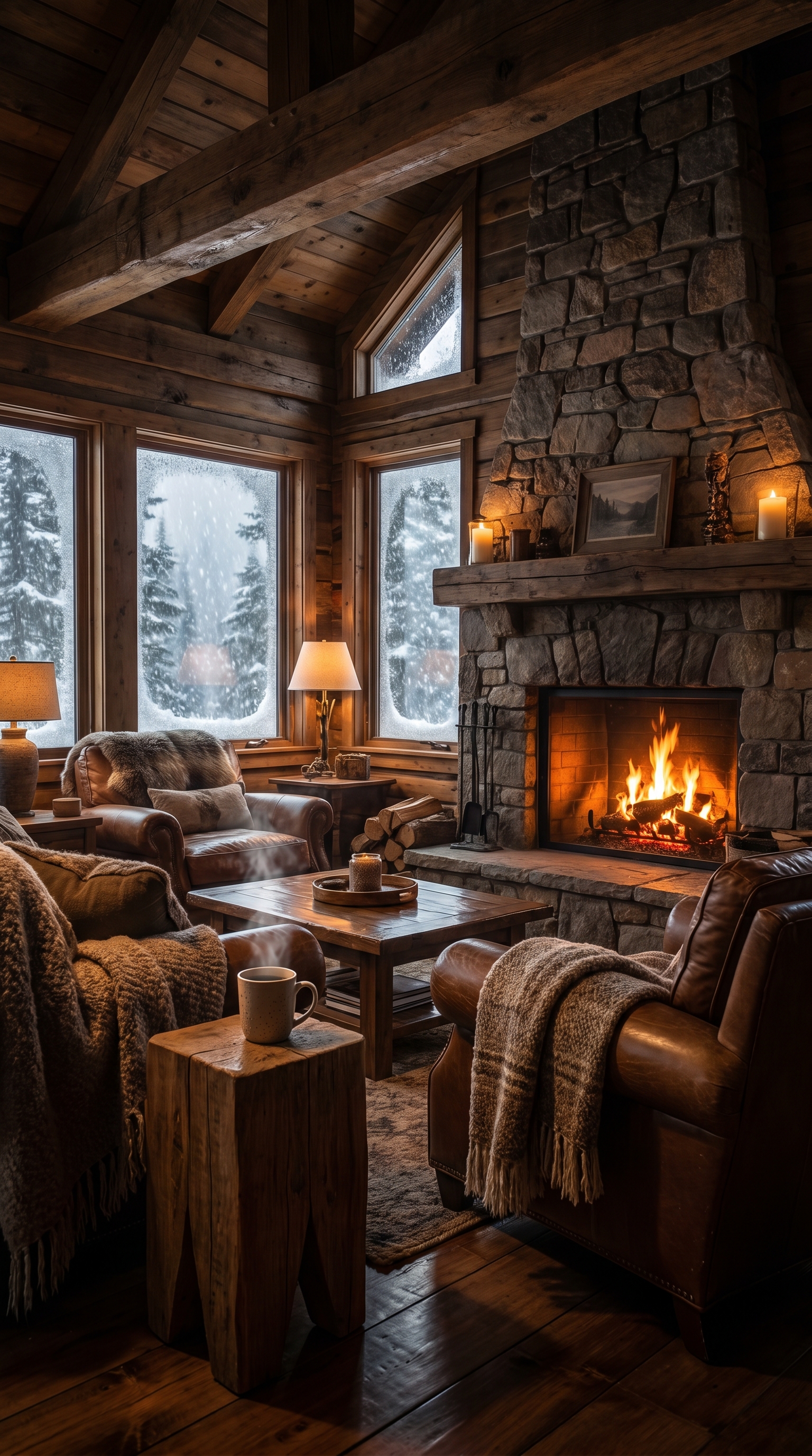 Snowy cabin fireplace